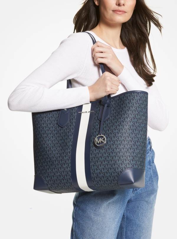 Damske Prenosná Taška Michael Kors Eva Large Logo Stripe Indigo Biele - Kabelky Michael Kors Slevy | WBQGH-3502
